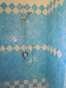 eine blau geflieste Dusche mit einem Schlauch im Bad in der Unterkunft Villa Cala d'Oro santa teresa di gallura in Santa Teresa Gallura