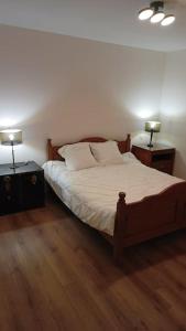 1 dormitorio con 1 cama y 2 mesitas de noche con lámparas en Grand appartement, 2 chambres et jardin, en Nimes