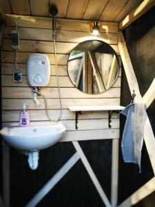 a bathroom with a sink and a mirror at Jonvabalių miškas 