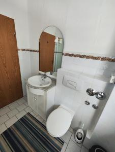 een badkamer met een toilet, een wastafel en een spiegel bij Ferienwohnung Monteurswohnung Großräschen in Großräschen +2 foto's