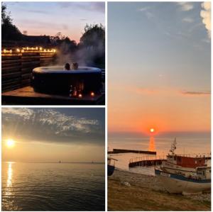 twee foto's van een zonsondergang en een hot tub in het water bij Sielska Marina in Jarosławiec