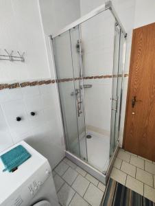 een douche met een glazen deur in een badkamer bij Ferienwohnung Monteurswohnung Großräschen in Großräschen