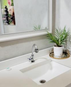 a bathroom sink with a faucet and a plant on it at Dexamano Hotel & Resort in Lejamaní