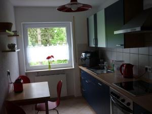 a kitchen with a sink and a window and a table at Fewo Larissa in Beuron