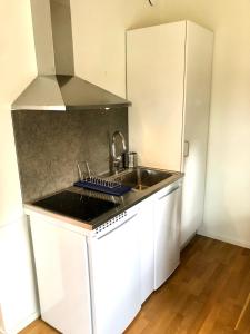 a kitchen with a sink and a stove top oven at Vättersmålen Stuga in Gränna