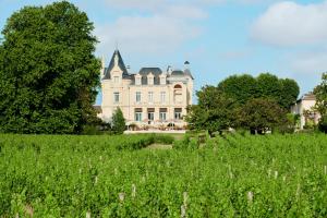 un domaine avec un champ d'herbe devant lui dans l'établissement Château Hôtel Grand Barrail, à Saint-Émilion
