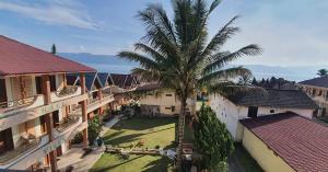 an aerial view of a resort with a palm tree at Thyesza Hotel in Ambarita