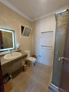 a bathroom with a toilet and a sink and a shower at Marina Residence New Alamein 2 bedroom apartment in El Alamein