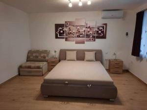 1 dormitorio con 1 cama grande y 1 sofá en Alexander apartman, en Gyula