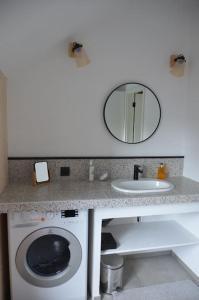 een badkamer met een wastafel en een wasmachine bij La clef des bois in Paliseul