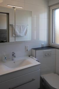ein Badezimmer mit einem Waschbecken, einem Spiegel und einem WC in der Unterkunft hochwertiges Studio in bester Lage in Friedrichshafen