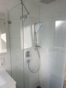 eine Dusche mit Glastür im Bad in der Unterkunft hochwertiges Studio in bester Lage in Friedrichshafen
