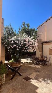 un albero pieno di fiori rosa accanto a un edificio di Palacio Rejadorada a Toro