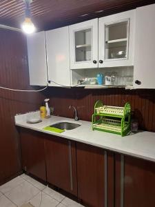 a kitchen with a sink and a green basket on a counter at Havuzlu ahşap ev in Gemlik