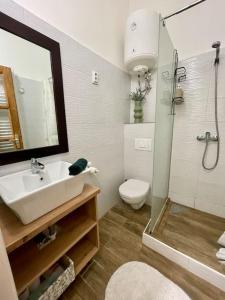 a bathroom with a sink and a toilet and a mirror at DIZURA Apartments Szeged in Szeged