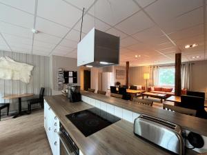 eine Küche mit einem Waschbecken und ein Wohnzimmer in der Unterkunft Vandrarhem Funäsdalen in Funäsdalen