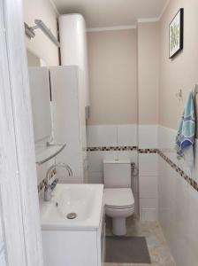 biała łazienka z toaletą i umywalką w obiekcie Leśne Wzgórze przy Zamkowej w Lubniewicach