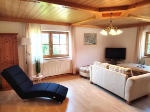 sala de estar con sofá y TV en Ferienwohnung zur alten Schmiede, en Arrach