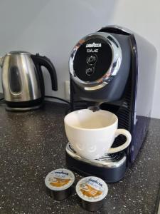 a coffee maker with a cup on a counter at Crystal Twin Apartment in Gulbene
