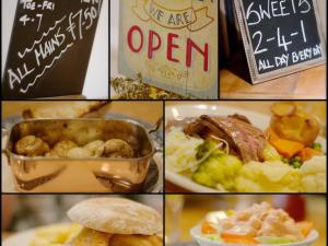 un collage de diferentes fotos de comida y una señal en The Westmorland Inn en Bowness-on-Windermere