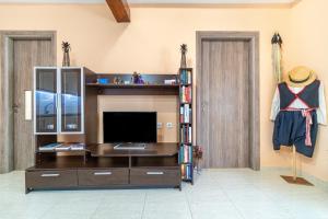 sala de estar con TV y estante de libros en Kohili Retreat, en Peroulades