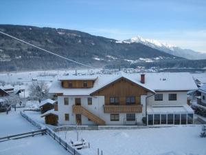 a house in the snow with mountains in the background at Hotel Pension Appartement Kristall in Tröpolach