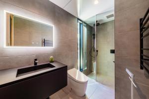 白馬村にあるCredence Chalets by HHGのトイレ、洗面台、シャワー付きのバスルーム +9枚の写真