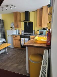 a kitchen with wooden cabinets and a counter top at Caudle Cottage, Ruardean in Lydbrook