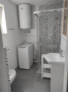 a white bathroom with a toilet and a sink at Domki na Polnej in Grzybowo +31 photos