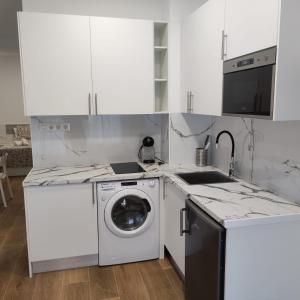 cocina con lavadora y fregadero en Garcia Noblejas Apartments, en Madrid