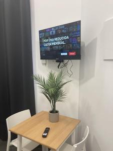 een houten tafel met een plant en een tv aan een muur bij Ensanche1 Apartments in Madrid