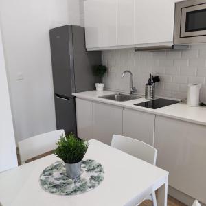 una cocina con una mesa blanca con una planta en Manzanares Apartments, en Madrid