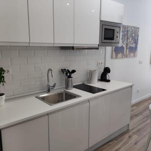 cocina blanca con fregadero y microondas en Manzanares Apartments, en Madrid