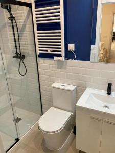 a bathroom with a toilet and a sink and a shower at Matadero Apartments 1 in Madrid