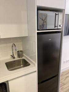 a kitchen with a black refrigerator and a sink at Plaza Castilla Apartments in Madrid