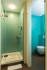 uma casa de banho com uma cabina de duche em vidro e um WC. em Hotel Platzhirsch em Zurique