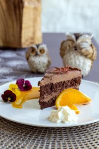 a piece of chocolate cake on a plate on a table at Sowia Grapa Walim Góry Sowie in Rzeczka