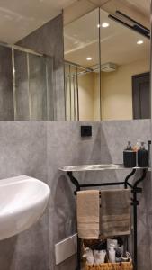 een badkamer met een wastafel en een spiegel bij Cocooning in Arvier