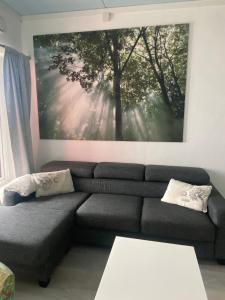 un soggiorno con divano e un dipinto sul muro di Sjøberg Ferie og Hotell a Østhusvik