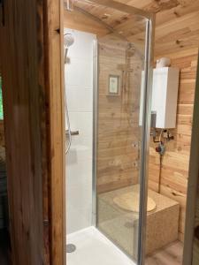 a shower with a glass door in a bathroom at La Roulotte des Bois 