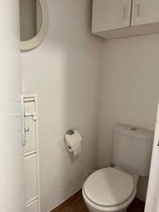 La petite salle de bains est pourvue de toilettes et d'un miroir. dans l'établissement 2 Pièces Piscine Parking Clim - Le Fairway, à Mandelieu-la-Napoule
