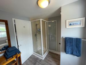 a bathroom with a shower and a blue towel at Ivy Cottage, in Lostwithiel