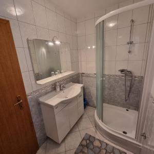 a bathroom with a sink and a shower and a toilet at Villa Margarita in Selce