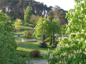 um parque com árvores e relva e um banco em Belogradchik View Apartment em Belogradchik