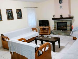 a living room with a couch and a fireplace at Billy's house in Kalabaka