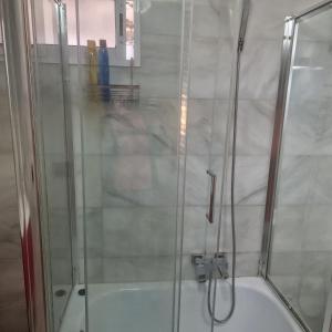 ducha con puerta de cristal junto a la bañera en San Antonio en Sedaví