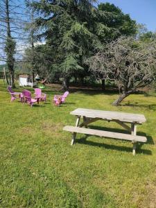 un groupe de tables de pique-nique et de chaises dans l'herbe dans l'établissement Gîte au calme dans le Parc du Livradois-Forez, à Saint-Julien-de-Coppel