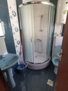 ein Bad mit einer Dusche, einem Waschbecken und einem WC in der Unterkunft Guesthouse Zimovski in Peštani