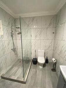 a bathroom with a shower and a toilet and a sink at After 5 Apartment 1- 3 spacious en-suite bedrooms in Freetown