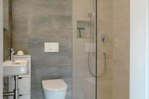 een badkamer met een douche, een toilet en een wastafel bij Niesen in Spiez